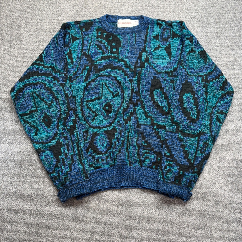 Vintage McGregor Mens Large Abstract Geometric Knit Sweater Blue Teal 90s USA